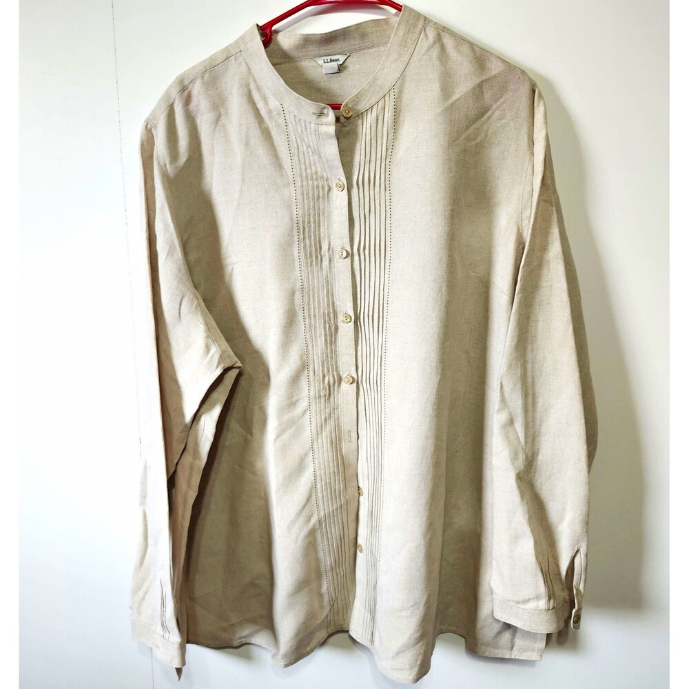 L.L. Bean Vintage Linen Tunic Blouse 3X Beige Pintuck Band Collar Shirt